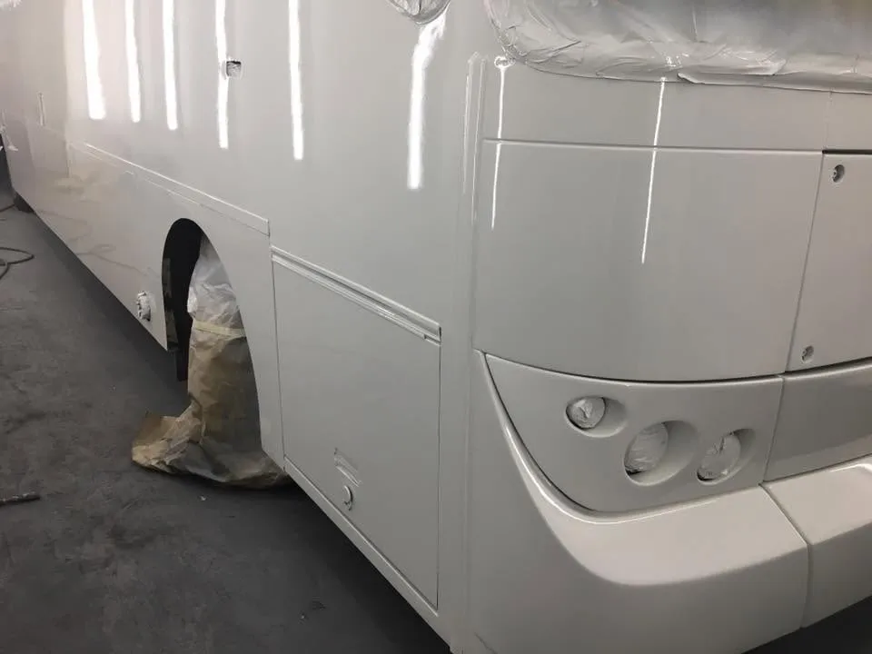 Coach resprayed in gloss white at OH Works in Fairford