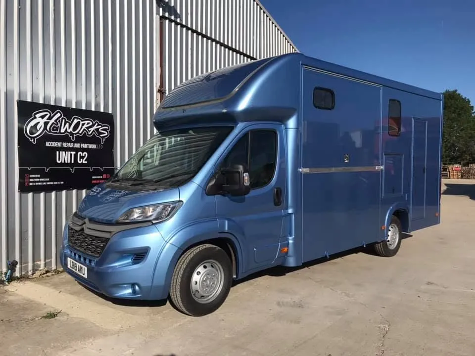 Blue Citroen Relay horsebox resprayed at OH Works in Fairford